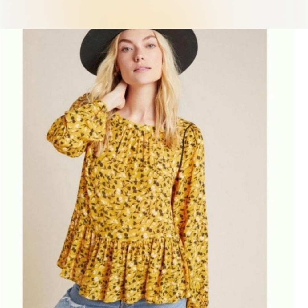 Anthropologie Maeve Cheyenne Peplum Yellow Floral Boho Blouse Size S Flowy